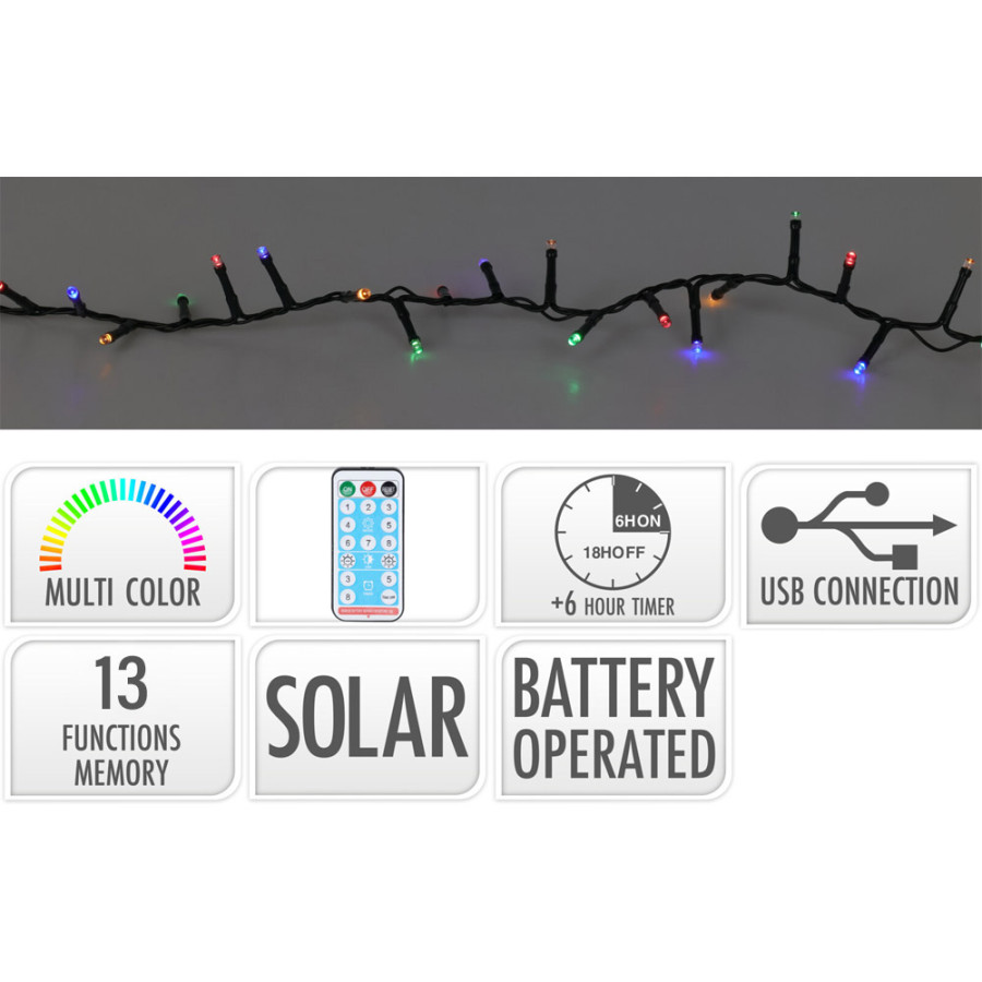 Grinalda led solar, 480 leds, 13 funções intermitente multicor, de exterior, cabo verde 20m