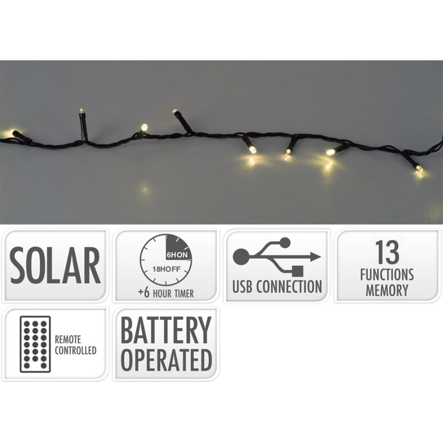 Grinalda led solar, 480 leds, 13 funções intermitentes branco quente, exterior, cabo verde 20m