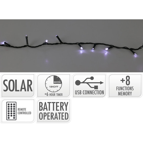 Grinalda led, 400 leds, 8 funções intermitente em branco frio, solar.
