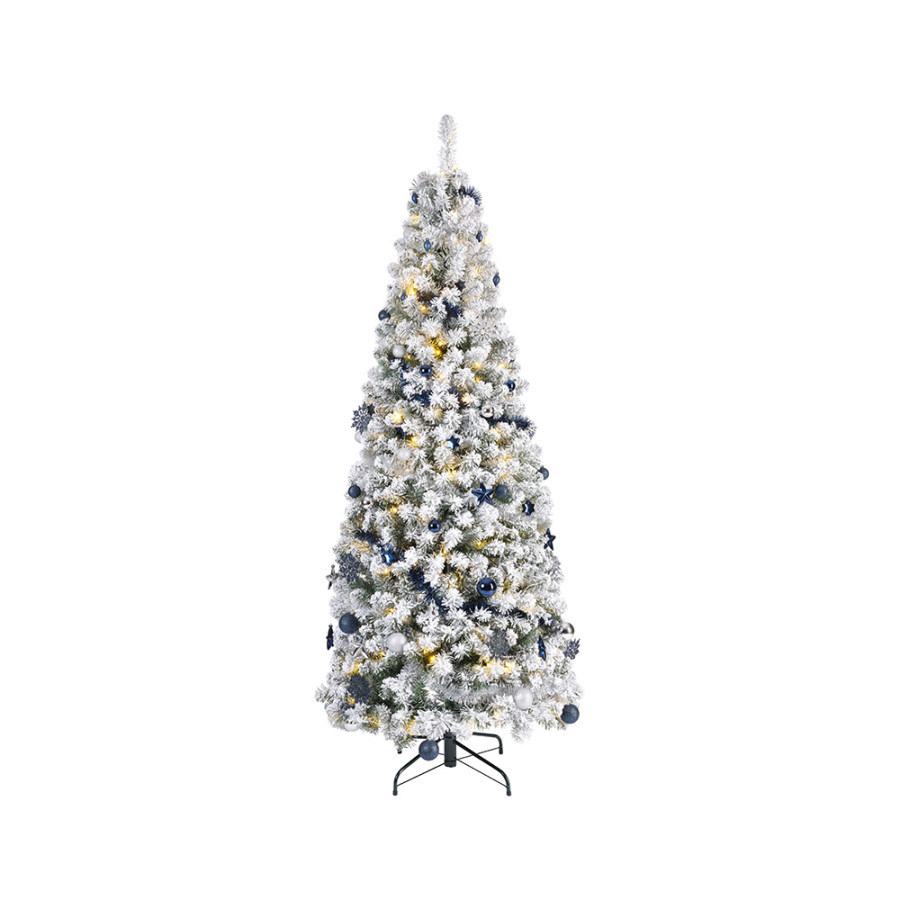 Árvore de natal nevada com micro leds intermitentes e enfeites dourados, ø64x150cm.