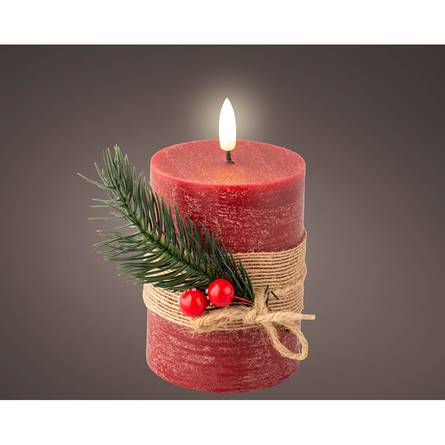 Vela de cera led com efeito de chama, cor vermelha, superfície rústica com buquê ø7,5 x 13 cm