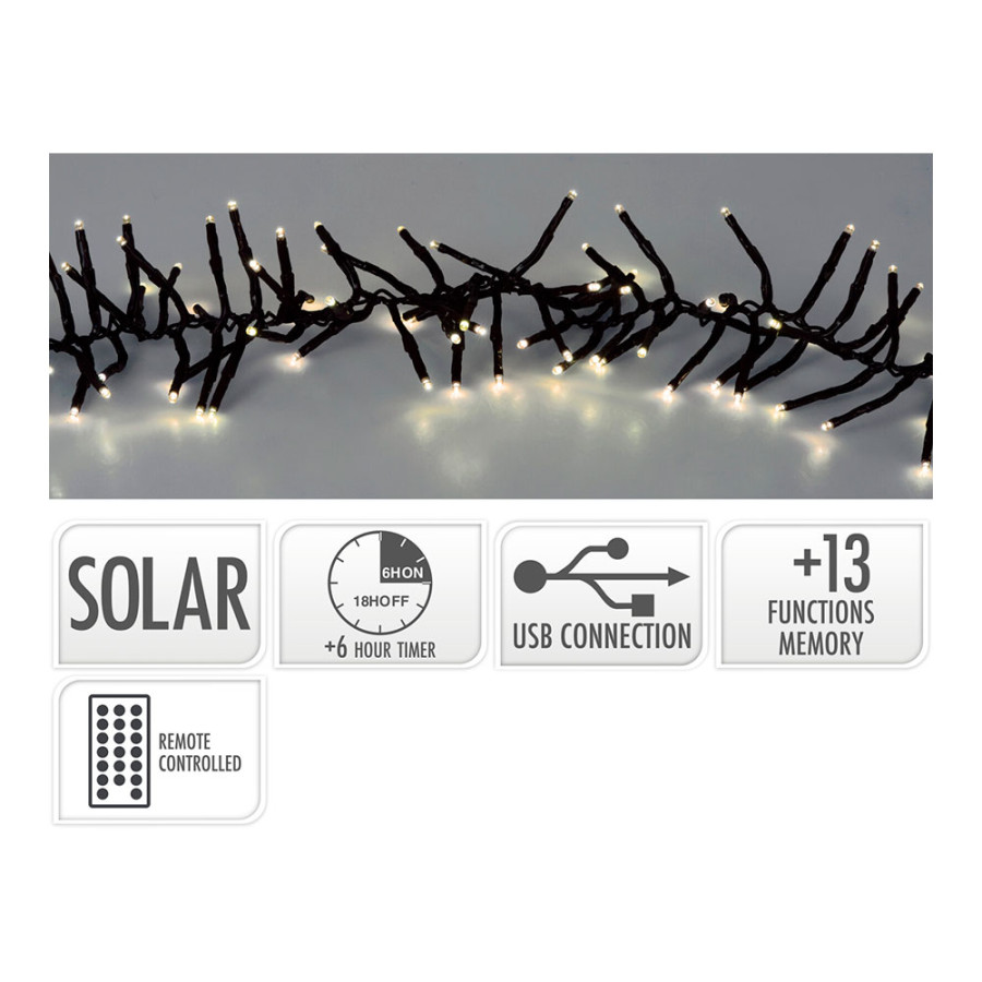 Grinalda solar recarregável 768 leds intermitente branco quente, 13 funções, exterior, cabo verde 5,6m