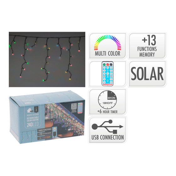 Grinalda solar recarregável 240 leds intermitentes multicor, 13 funções, exterior 5,6m