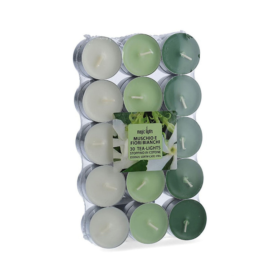 Pacote 30 unid. velas com aroma musk-flores brancas 3,7cm magic lights