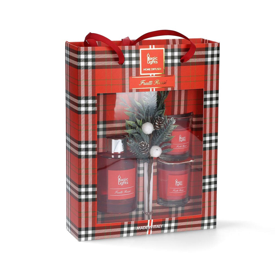 Estojo mikado difusor + 2 velas frutos vermelho