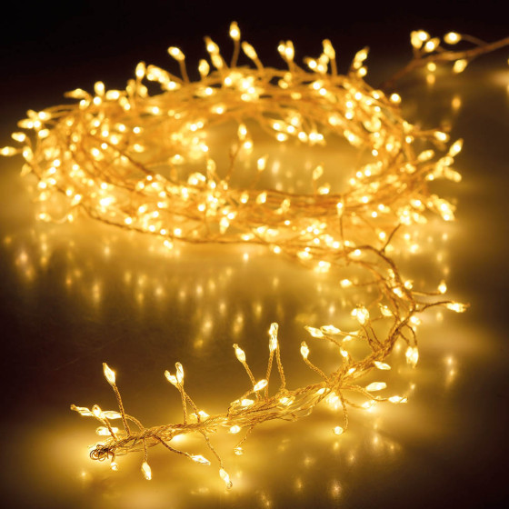 Grinalda a pilhas tipo espinho fixa 100 leds branco quente ip20 1,5m
