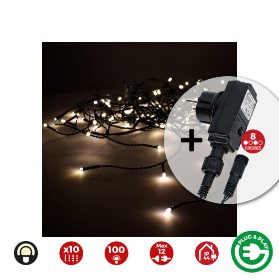 Cortina com programador easy-connect 10 tiras 100 leds branco quente ip44 2x1m