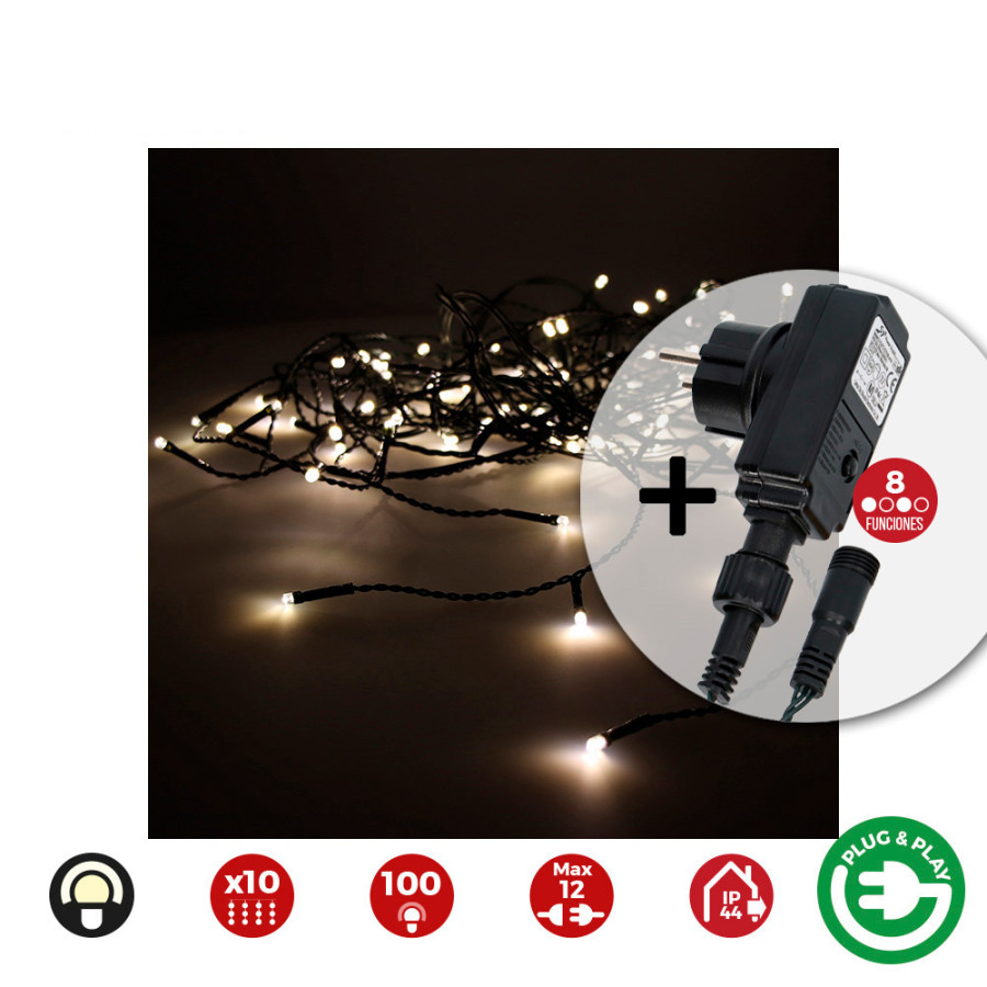 Cortina com programador easy-connect 10 tiras 100 leds branco quente ip44 2x1m
