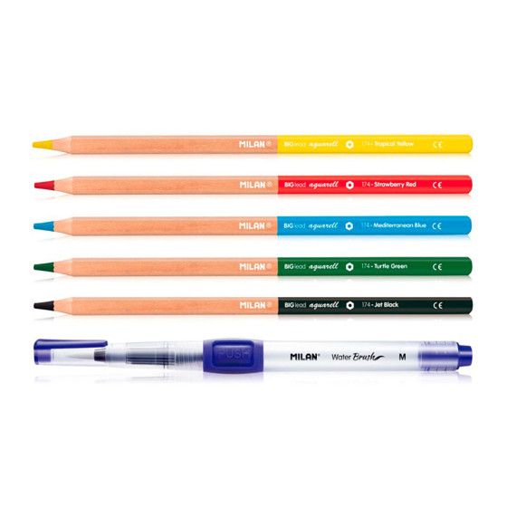 Blíster com 1 pincel recarregável water brush + 5 lápis aquarela milan