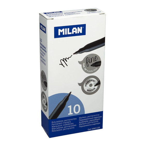 Pack com 10 marcadores permanentes pretos. ponta fina milan