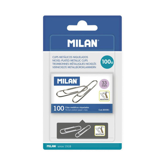 Blíster 1 caixa de 100 clipes metálicos 33mm milan