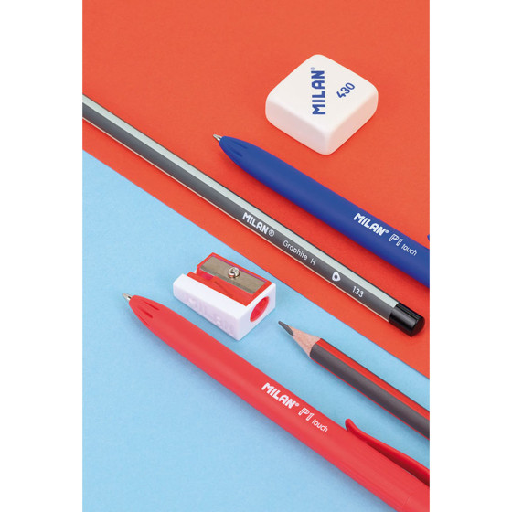 Blíster de 2 canetas p1 (azul/vermelho) 2 lápis grafito hb e h, borracha 430 e afia milan cores / modelos diversos