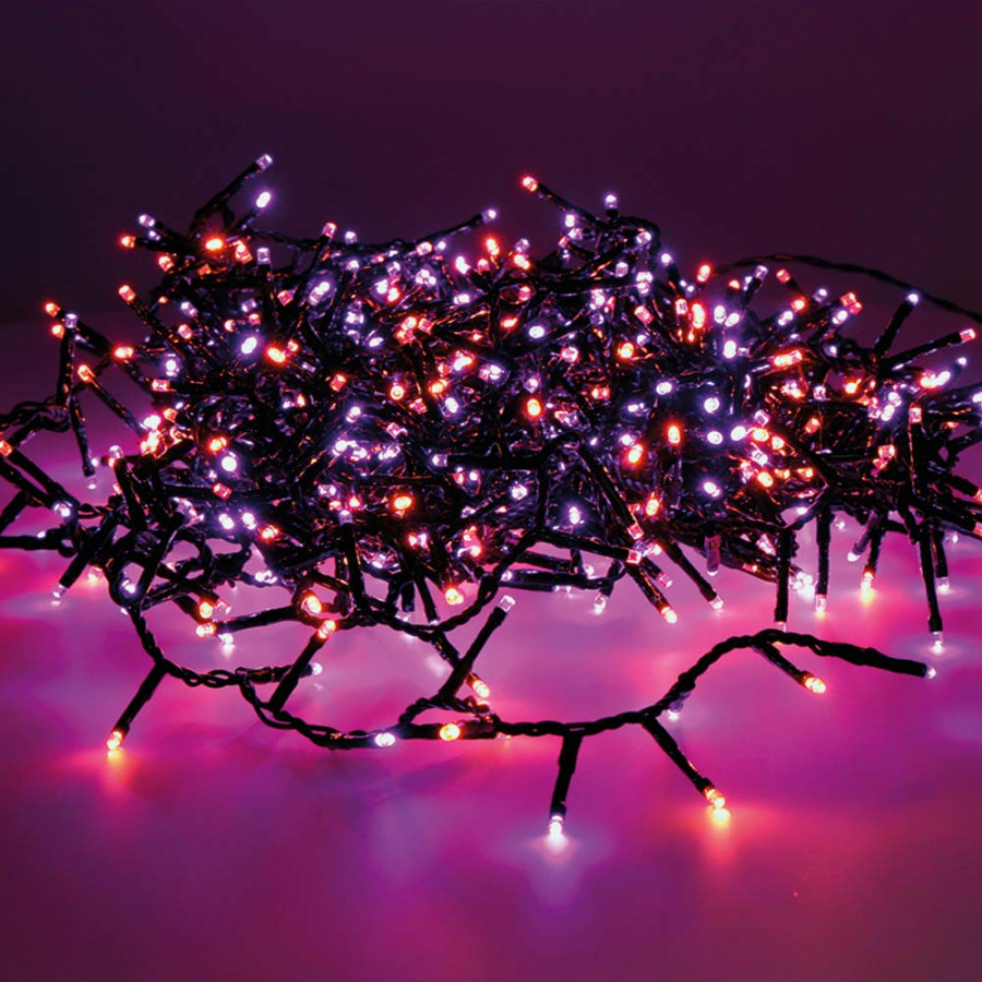 Grinalda led compact intermitente roxo e laranja 500 leds ip44 cabo preto 16m